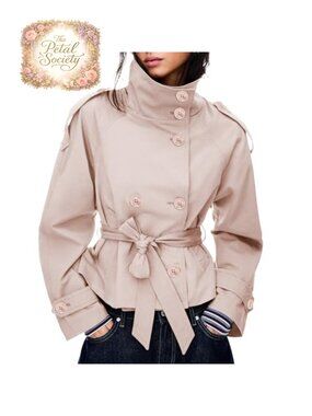 Cropped Trench Coat Double Breasted Belted Funnel Neck Fall Winter